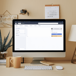 Computer on desk with calendar, plant, and lamp in a home office setting.