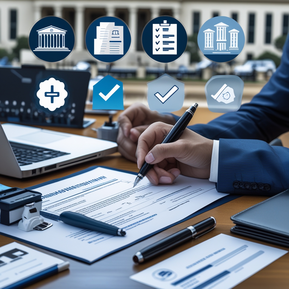 Company Registration (Domestic) Person signing documents at desk with icons of government and checkmarks above.