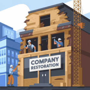 Construction workers restoring a damaged building with a "Company Restoration" sign.