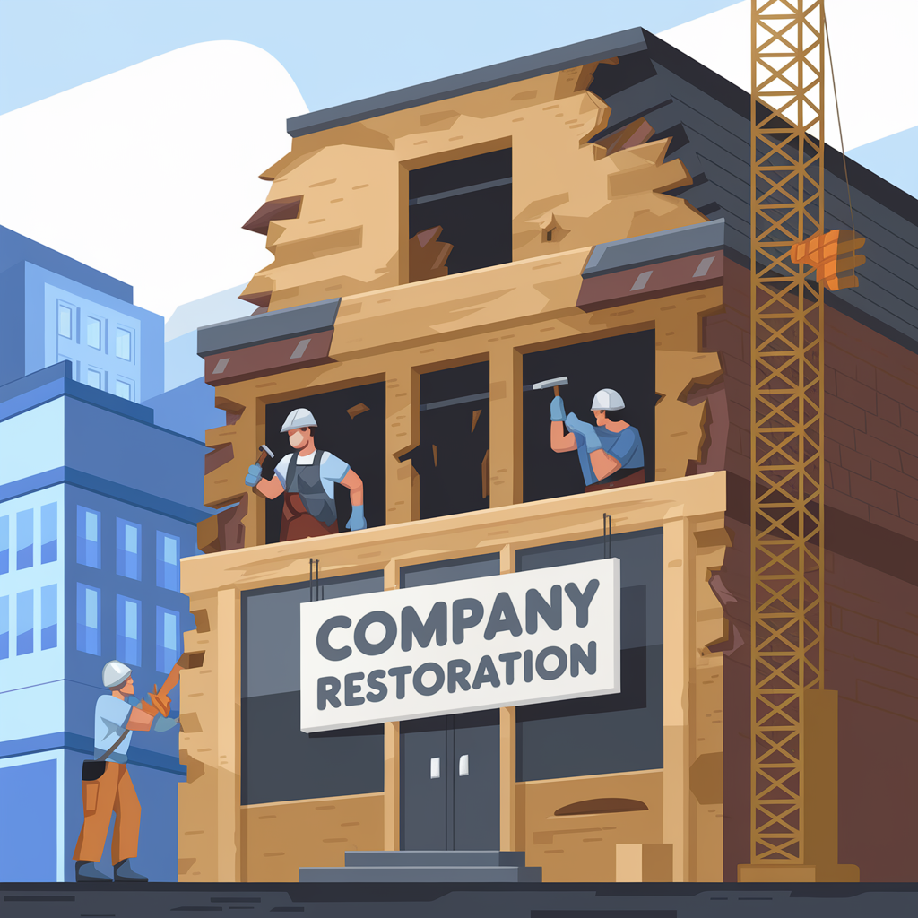 Company Restoration Construction workers restoring a damaged building with a "Company Restoration" sign.