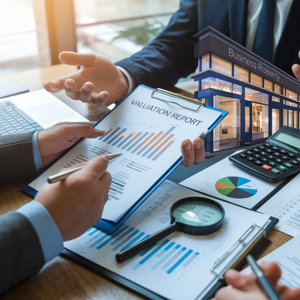 Business Pre-purchase Valuation Business meeting with valuation report, calculator, and magnifying glass.