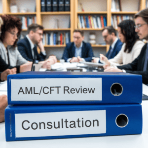 People in a meeting with binders labeled "AML/CFT Review" and "Consultation."