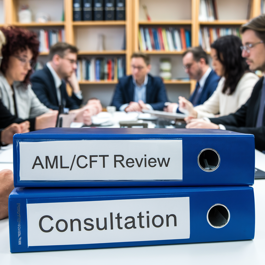 AMLCFT Review Consultation People in a meeting with binders labeled "AML/CFT Review" and "Consultation."