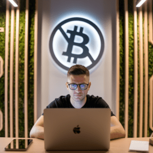 Person using a laptop with a Bitcoin symbol in the background.