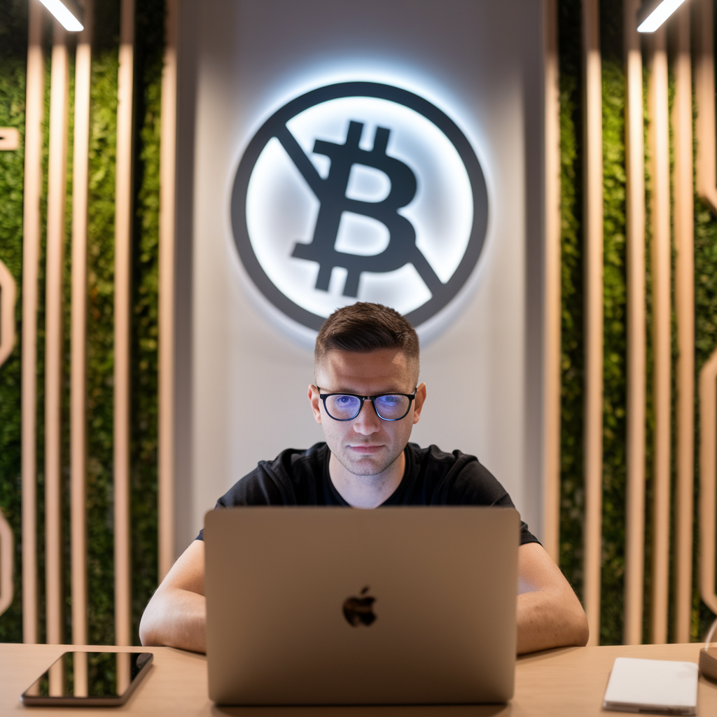 Bitcoin Income Taxing Consultation Person using a laptop with a Bitcoin symbol in the background.