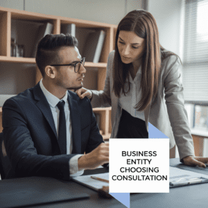 Man and woman discussing business documents in an office.