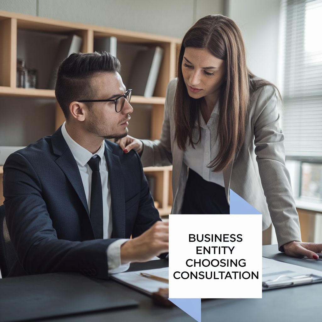 Business Entity Choosing Consultation Man and woman discussing business documents in an office.