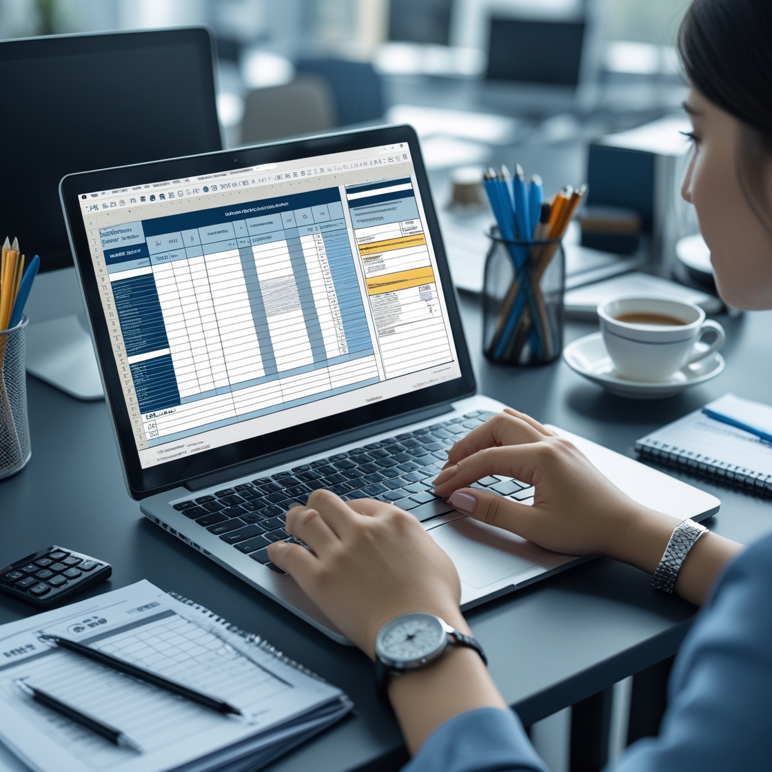 GST Return Filing Training Person working on a laptop with a spreadsheet open.