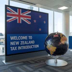 Sign reads "Welcome to New Zealand Tax Introduction" with flag and globe display.