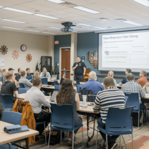 People attending a presentation in a conference room with a projector screen.