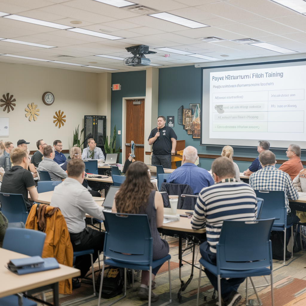 PAYE Return Filing Training People attending a presentation in a conference room with a projector screen.