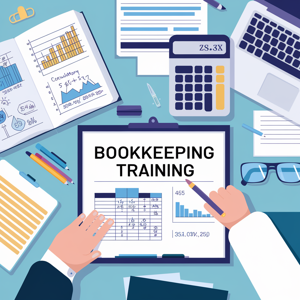 Bookkeeping Training Bookkeeping training materials with charts, calculator, and stationery on a desk.