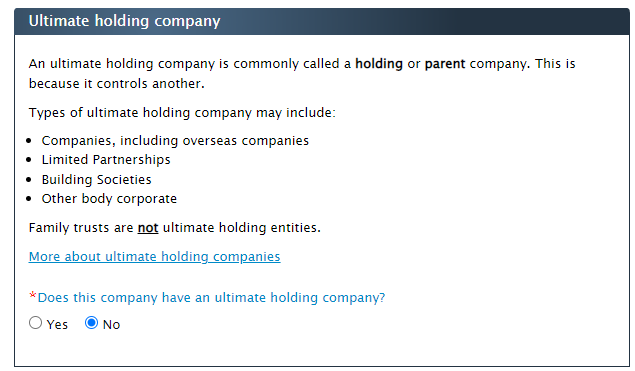 Form for ultimate holding company