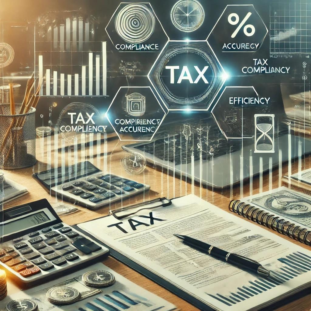 Office desk with documents, computer, tax charts, and symbols representing tax compliance, accuracy, efficiency, and financial growth