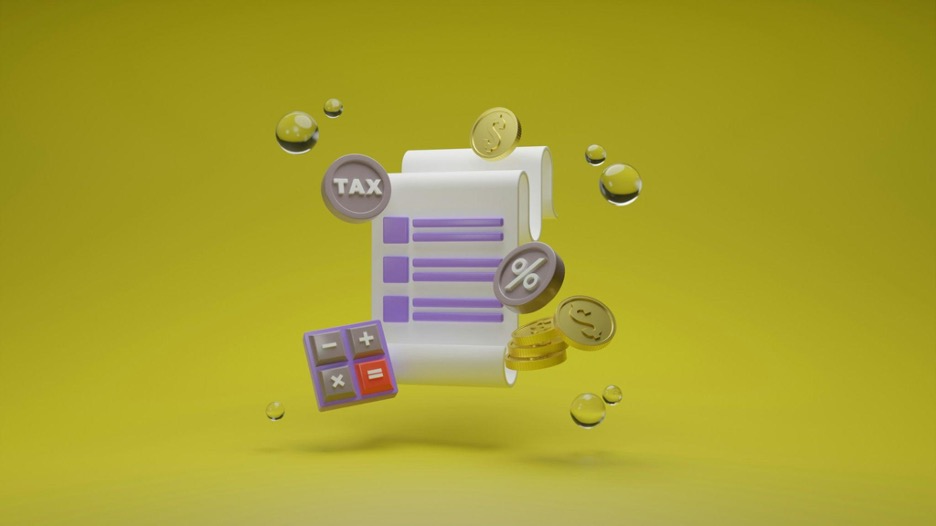 A vector showing percentage , tax, calculator sign on coins floating in the air.