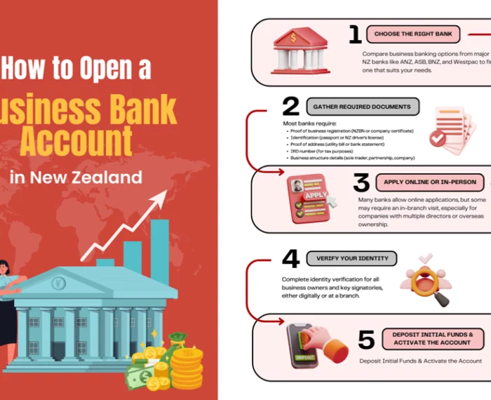 An infographic showing steps involving opening a business bank account in NZ